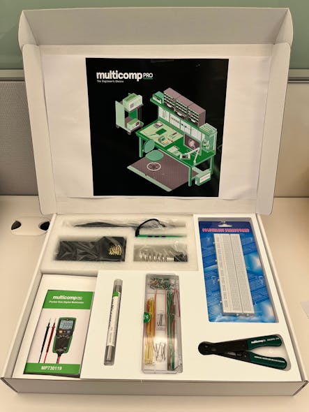 Inside look at the same customized kit for university students. The kit includes a soldering iron, digital multimeter, solder wire, wire stripper, breadboard and jumper wire kit.