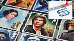 5 for Friday logo superimposed over Stars Wars stamps