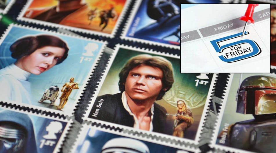 5 for Friday logo superimposed over Stars Wars stamps