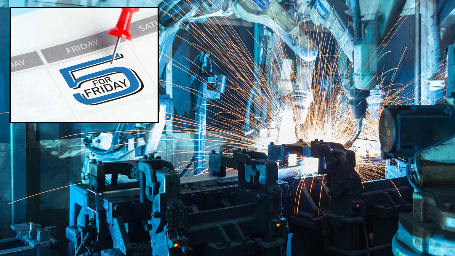 Factory automation scene with 5 for Friday logo
