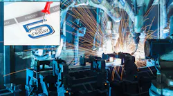 Factory automation scene with 5 for Friday logo