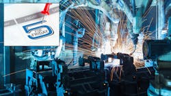 Factory automation scene with 5 for Friday logo Factory automation scene with 5 for Friday logo