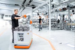 Adding a collaborative robot to a mobile platform broadens the range of applications in a manufacturing environment. Adding a collaborative robot to a mobile platform broadens the range of applications in a manufacturing environment.