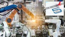 m of EIndustrial robot mechanical arm with 5 for Friday logo m of EIndustrial robot mechanical arm with 5 for Friday logo