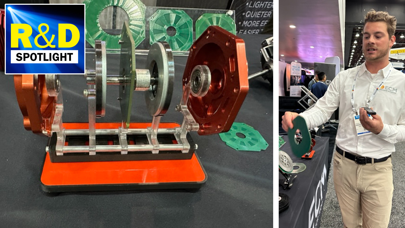 ECM PCB Stator Technology photo collage with R&D Spotlight logo