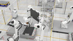 ABB robots engaged in laser welding. ABB robots engaged in laser welding.