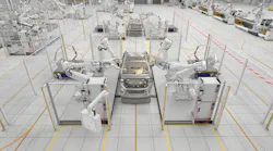 ABB robots engaged in spot welding.