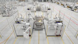 ABB robots engaged in spot welding. ABB robots engaged in spot welding.