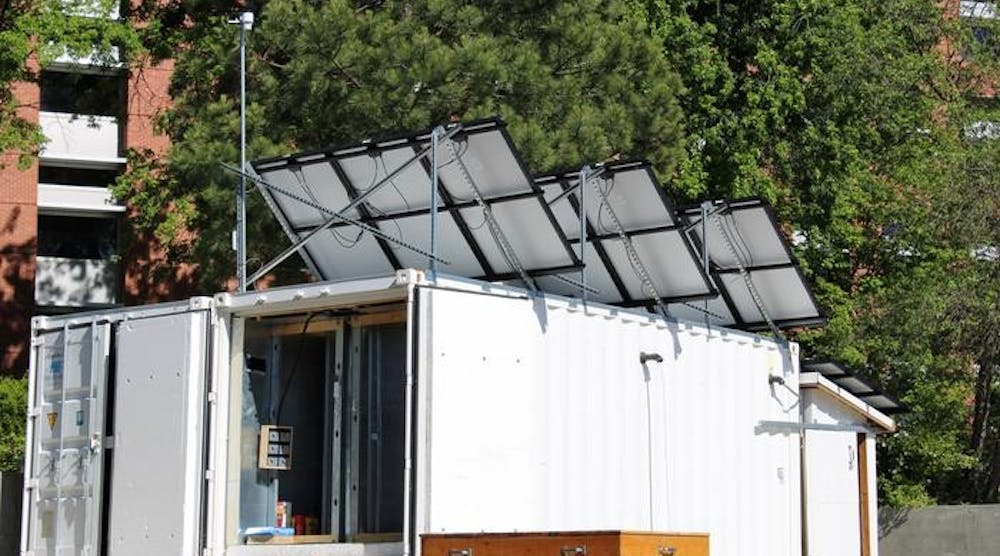 A 60-sq.-ft. chamber inside a shipping container can test passive systems that use wind towers along with water evaporation instead of electricity to cool spaces.