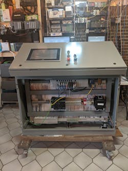 2. The cotton press control console contains a Productivity Programmable Logic Controller from AutomationDirect. The rack-mounted chassis is expandable and compatible with discrete, analog and high-speed input/output modules. 2. The cotton press control console contains a Productivity Programmable Logic Controller from AutomationDirect. The rack-mounted chassis is expandable and compatible with discrete, analog and high-speed input/output modules.