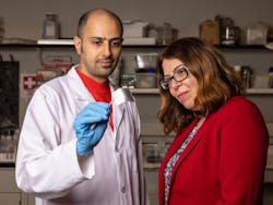 University of Houston’s Haleh Ardebili discussing bendable, flexible batteries with Navid Khiabani, a UH graduate research assistant. University of Houston’s Haleh Ardebili discussing bendable, flexible batteries with Navid Khiabani, a UH graduate research assistant.
