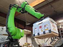 Combination of powerful FANUC CR-35iB cobot and customizable OnRobot 2FPG20 finger grippers offers “game-changing” solution for heavy-duty agricultural palletizing, at a third of the cost of traditional palletizer. Combination of powerful FANUC CR-35iB cobot and customizable OnRobot 2FPG20 finger grippers offers “game-changing” solution for heavy-duty agricultural palletizing, at a third of the cost of traditional palletizer.