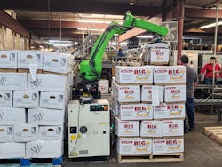 Collaborative palletizing system takes up less space than manual workers doing the same job, without the cost or size and safety caging required with traditional automation. Collaborative palletizing system takes up less space than manual workers doing the same job, without the cost or size and safety caging required with traditional automation.