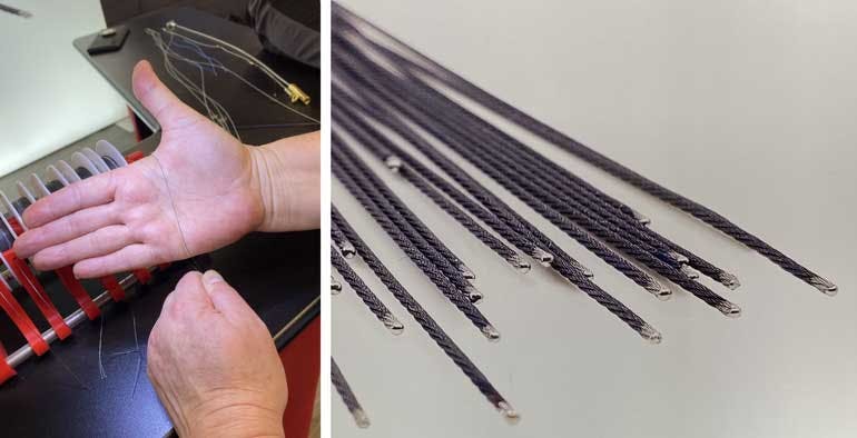 Hundreds of tungsten filaments are stranded together to create the tiny cables that are critical for making the end effectors in robot-assisted surgery work.