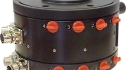 An 8-channel pneumatic Moog Rotokombi consisting of a Rotopack rotary union and Rotoflux slip ring used between a robot arm and tool for rotations of more than 360 deg. and precision clamping. An 8-channel pneumatic Moog Rotokombi consisting of a Rotopack rotary union and Rotoflux slip ring used between a robot arm and tool for rotations of more than 360 deg. and precision clamping.