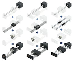 Figure 2: Motion engineers have myriad, standard configuration options for adding guidance to an SMLA. Depending on application requirements, and mounting and space considerations, for example, they might use a profile rail and lead screw positioned vertically (left) or horizontally (middle). Or they might use round rails on opposite sides of the lead screw (right) to help withstand higher moment loading.