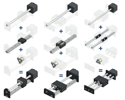 Figure 2: Motion engineers have myriad, standard configuration options for adding guidance to an SMLA. Depending on application requirements, and mounting and space considerations, for example, they might use a profile rail and lead screw positioned vertically (left) or horizontally (middle). Or they might use round rails on opposite sides of the lead screw (right) to help withstand higher moment loading. Figure 2: Motion engineers have myriad, standard configuration options for adding guidance to an SMLA. Depending on application requirements, and mounting and space considerations, for example, they might use a profile rail and lead screw positioned vertically (left) or horizontally (middle). Or they might use round rails on opposite sides of the lead screw (right) to help withstand higher moment loading.