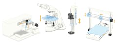 Figure 1: Top: All SMLAs have a stepper motor, integrated lead screw and a nut, but differ on whether they translate motion by rotating the lead screw, nut or lead screw that drives a traditional actuator-type rod. Bottom: Ideal SMLA applications include (l to r) pipetting, microscope stage adjustments, fluid pumping and 3D printing. Figure 1: Top: All SMLAs have a stepper motor, integrated lead screw and a nut, but differ on whether they translate motion by rotating the lead screw, nut or lead screw that drives a traditional actuator-type rod. Bottom: Ideal SMLA applications include (l to r) pipetting, microscope stage adjustments, fluid pumping and 3D printing.