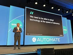 During a keynote, Del Costy, president and managing director of Siemens Digital Industries, provided reference examples of robotic integration and automated motion control that can be supported by SIMATIC PLCs with unified HMI panels and integrated safety &mdash; all programmed in the Siemens Totally Integrated Automation (TIA) portal.
