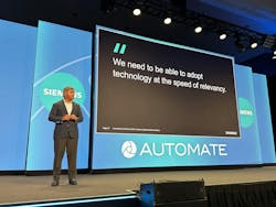 During a keynote, Del Costy, president and managing director of Siemens Digital Industries, provided reference examples of robotic integration and automated motion control that can be supported by SIMATIC PLCs with unified HMI panels and integrated safety — all programmed in the Siemens Totally Integrated Automation (TIA) portal. During a keynote, Del Costy, president and managing director of Siemens Digital Industries, provided reference examples of robotic integration and automated motion control that can be supported by SIMATIC PLCs with unified HMI panels and integrated safety — all programmed in the Siemens Totally Integrated Automation (TIA) portal.