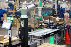 A MODOPAL C60, a collaborative robotic palletizer integrated with the MODOROLL conveyor, increases efficiency, reduces labor costs, and improves safety by automating the stacking and organizing of products on pallets. A MODOPAL C60, a collaborative robotic palletizer integrated with the MODOROLL conveyor, increases efficiency, reduces labor costs, and improves safety by automating the stacking and organizing of products on pallets.