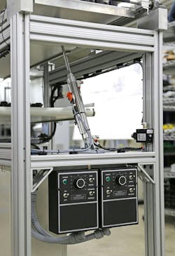 Figure 2. This automation station is built with a 1.5 × 4.5 in. grooved extrusion with end fasteners and corner gussets. Image courtesy of 80/20. Figure 2. This automation station is built with a 1.5 × 4.5 in. grooved extrusion with end fasteners and corner gussets. Image courtesy of 80/20.