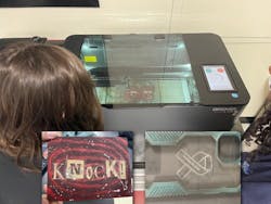 Students observe their laser-engraved projects being created. Inset: Students show off their laser-engraved finished results. Students observe their laser-engraved projects being created. Inset: Students show off their laser-engraved finished results.