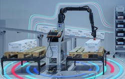 Bosch Rexroth's featured a multi-tech palletizing demo, highlighting different components—from conveyors and control systems to linear motor modules and a multi-axis handling system. Bosch Rexroth's featured a multi-tech palletizing demo, highlighting different components—from conveyors and control systems to linear motor modules and a multi-axis handling system.