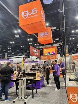 At the igus booth at FABTECH 2024, visitors got to be a part of an interactive demonstration of the company’s ReBeL cobot robot tht was flipping burgers on a Blackstone grill. At the igus booth at FABTECH 2024, visitors got to be a part of an interactive demonstration of the company’s ReBeL cobot robot tht was flipping burgers on a Blackstone grill.