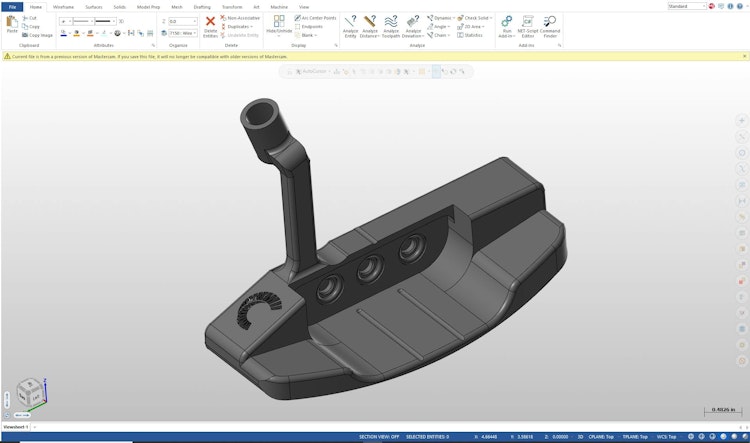 CAD/CAM software screenshot of the putter that was produced using closed-loop manufacturing practices.