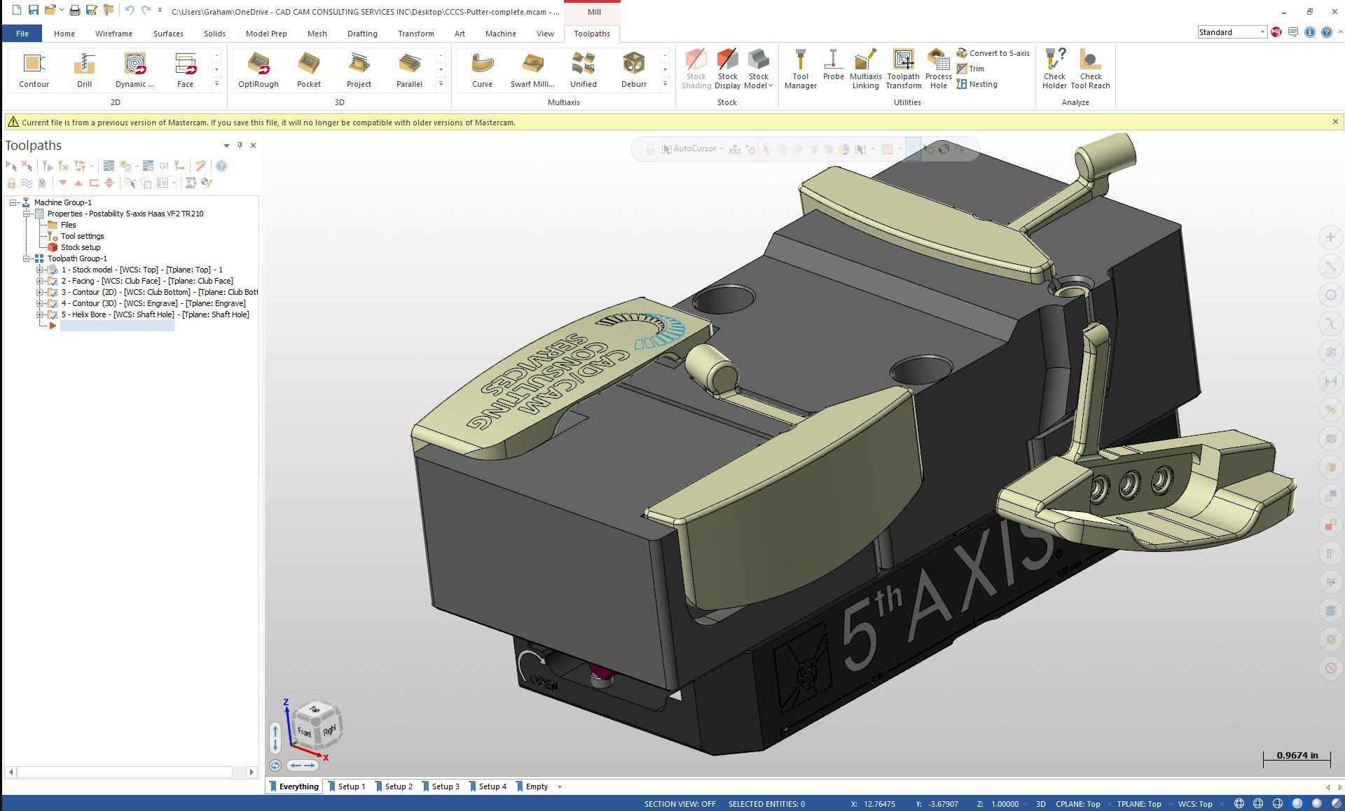 Full golf putter part with fixturing was programmed in CAD/CAM software.