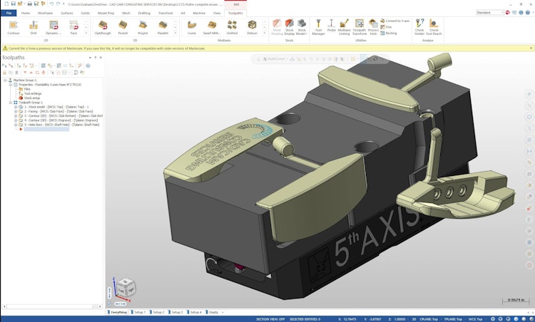 Full golf putter part with fixturing was programmed in CAD/CAM software.