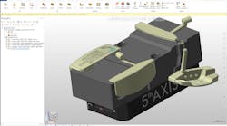 Full golf putter part with fixturing was programmed in CAD/CAM software. Full golf putter part with fixturing was programmed in CAD/CAM software.