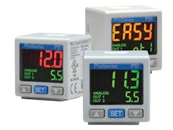 Digital pressure switches, such as these AutomationDirect ProSense versions, provide an analog output proportional to pressure, along with a local indication of pressure. Digital pressure switches, such as these AutomationDirect ProSense versions, provide an analog output proportional to pressure, along with a local indication of pressure.