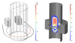 Fig. 2: The simulation results of INFICON’s gauge design, showing the filament temperature (left) and the electric potential surrounding the grid structure (right). Fig. 2: The simulation results of INFICON’s gauge design, showing the filament temperature (left) and the electric potential surrounding the grid structure (right).