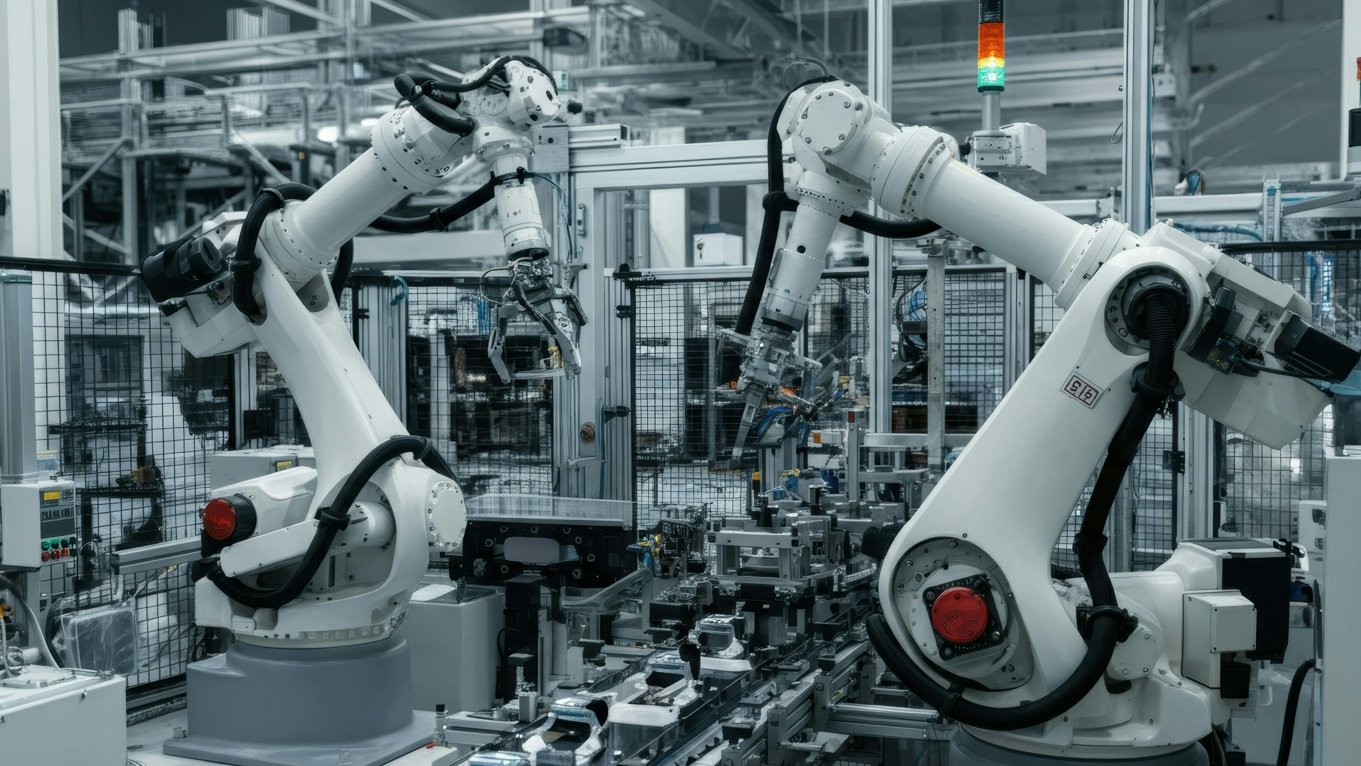 Industrial robotic arms working on an automated assembly line