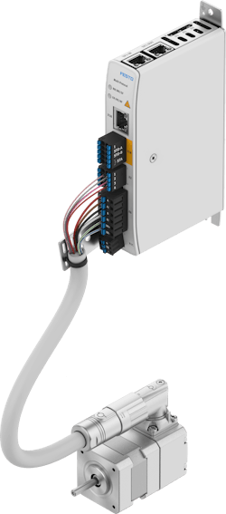 The Festo CMMT-ST servo drive, top, and EMMT-ST stepper motor are now packaged in a pre-application starter kit for developers. The Festo CMMT-ST servo drive, top, and EMMT-ST stepper motor are now packaged in a pre-application starter kit for developers.