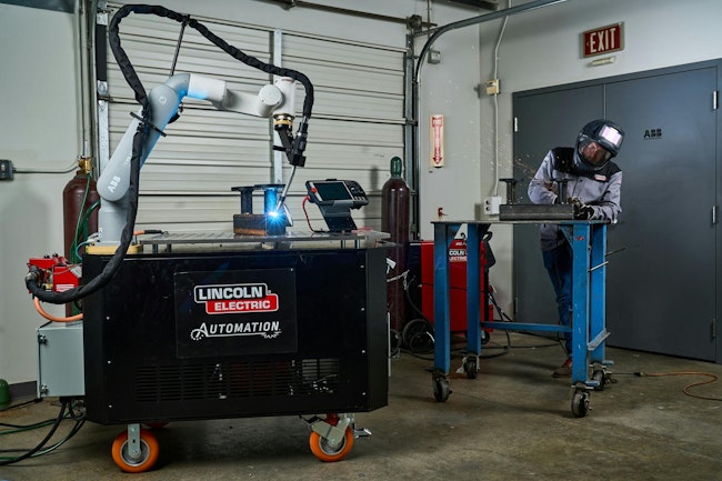 A cobot welding system from ABB was developed by Cooper in conjunction with Lincoln Electric. It features a teach pendant interface with a built-in welding library.