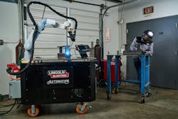 A cobot welding system from ABB was developed by Cooper in conjunction with Lincoln Electric. It features a teach pendant interface with a built-in welding library. A cobot welding system from ABB was developed by Cooper in conjunction with Lincoln Electric. It features a teach pendant interface with a built-in welding library.