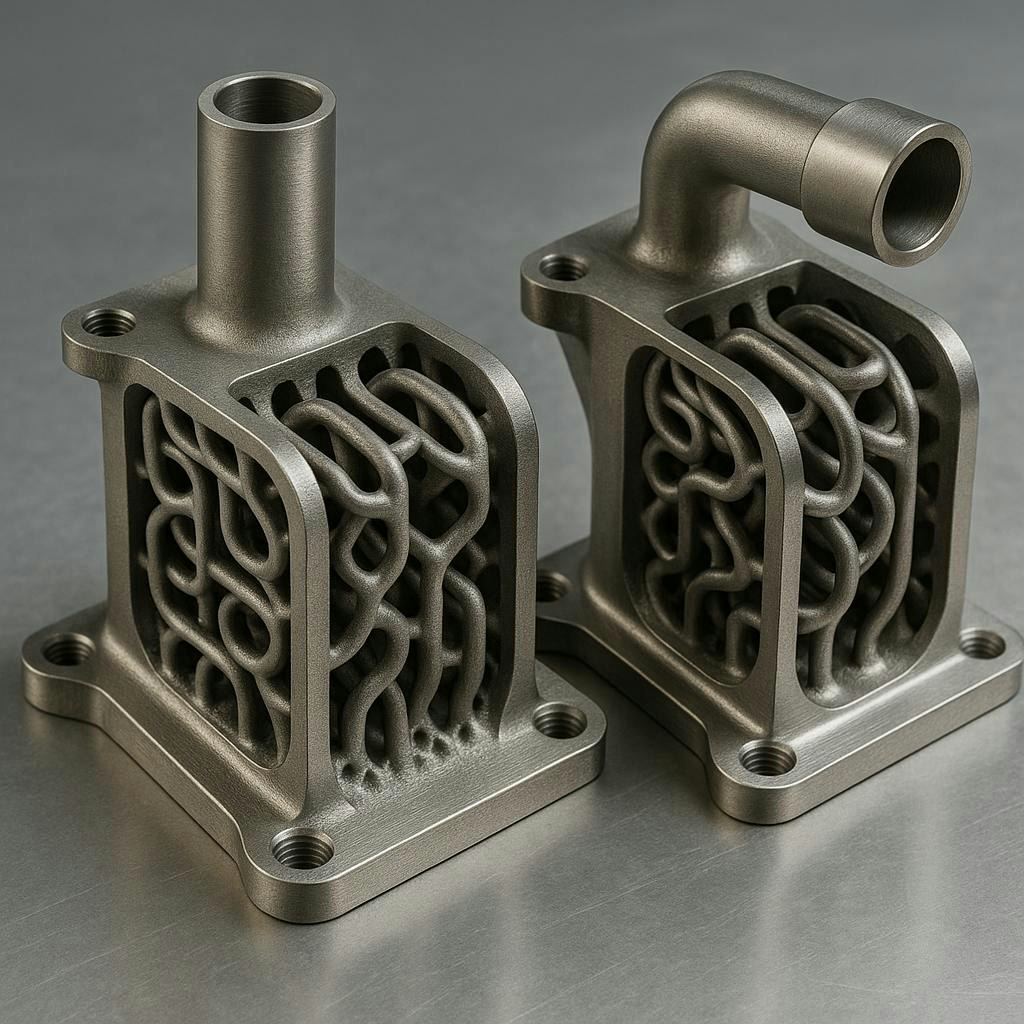 Aerospace parts produced by hybrid manufacturing.