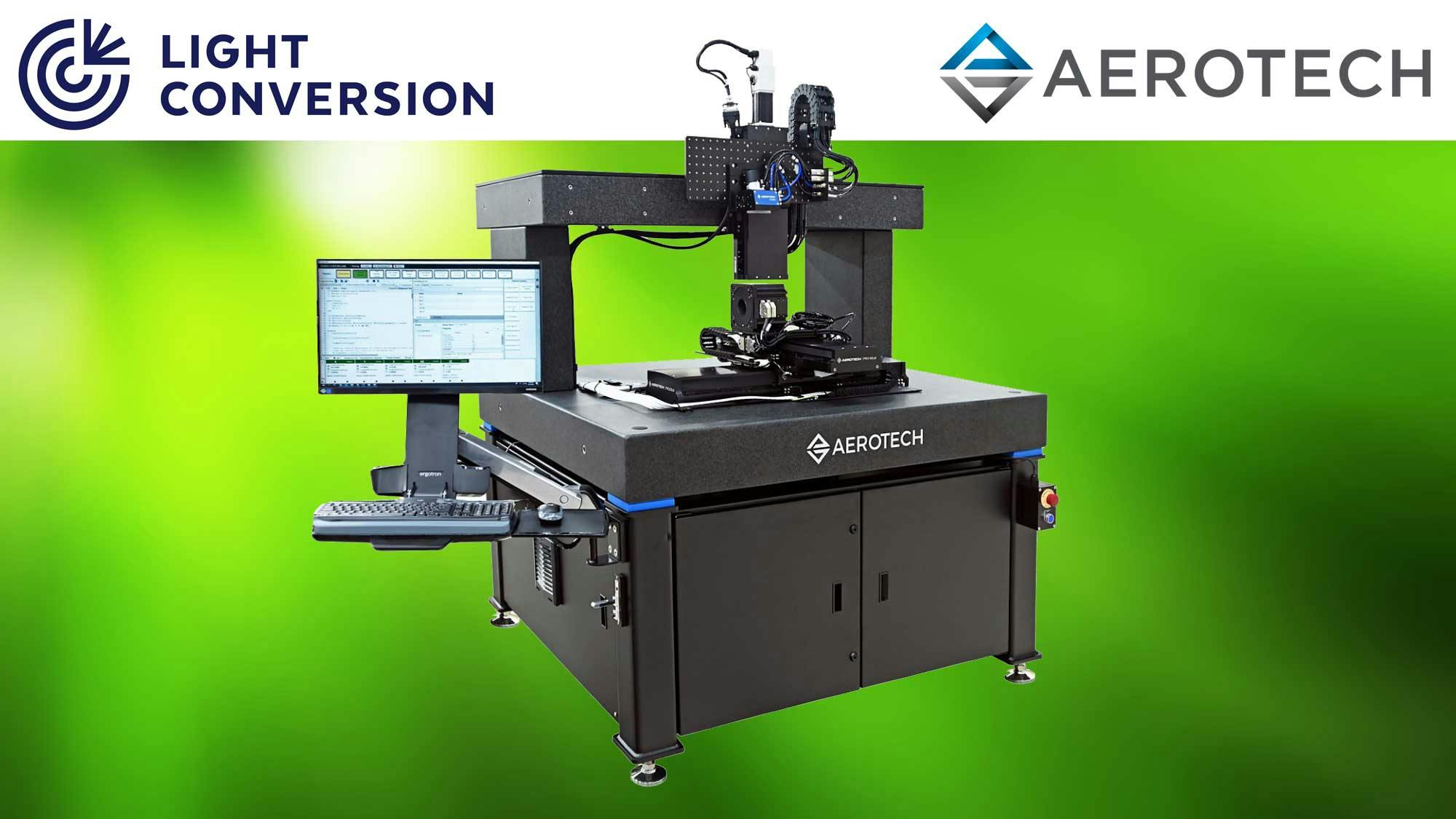 Aerotech machine superimposed with Aerotech and Light Conversion logos