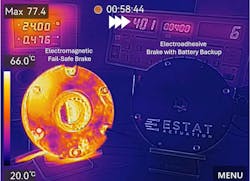 Fig. 3: Conventional electromagnetic failsafe brakes (left) rapidly heat up when held open. While electroadhesive brakes remain cool indefinitely whether engaged or disengaged due to their extreme power efficiency. Joints 4, 5 and 6 may not need a brake if they are non-backdrivable, but any direct drive on these joints will require a brake. Since these joints are not gantry, they move frequently. An electromagnetic brake such as the one shown here will add heat to the system while the motors operate the joint. An electroadhesive brake can be a great solution for these joints. Fig. 3: Conventional electromagnetic failsafe brakes (left) rapidly heat up when held open. While electroadhesive brakes remain cool indefinitely whether engaged or disengaged due to their extreme power efficiency. Joints 4, 5 and 6 may not need a brake if they are non-backdrivable, but any direct drive on these joints will require a brake. Since these joints are not gantry, they move frequently. An electromagnetic brake such as the one shown here will add heat to the system while the motors operate the joint. An electroadhesive brake can be a great solution for these joints.