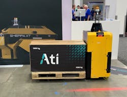 An ATI pallet mover AMR on display. An ATI pallet mover AMR on display.