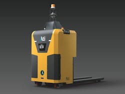 An ATI pallet mover AMR on display. An ATI pallet mover AMR on display.