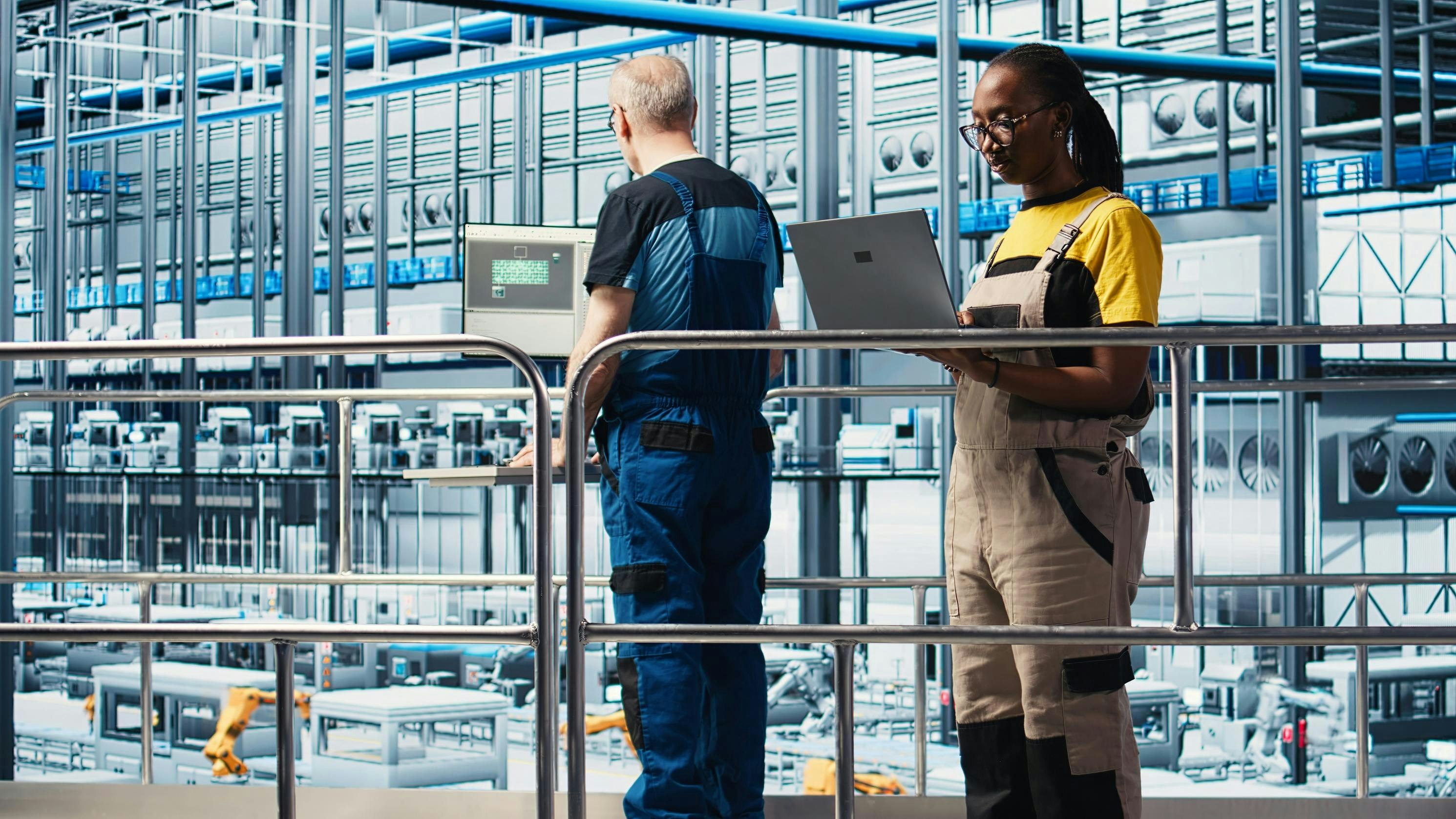 Smart factory engineer oversees operation of robotic arms and conveyor systems on facility floor. Industry 4.0 plant technician monitors system performance and troubleshoots issues.