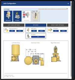 Examples of assembly level accessory configuration interfaces that allow users to select end supports, bearing blocks, motor mounts, reducers, limit switches and related options while the system updates drawings and configured dimensions in real time. Top: Lead screw assembly configuration interface. Bottom: Screw jack assembly configuration interface. Examples of assembly level accessory configuration interfaces that allow users to select end supports, bearing blocks, motor mounts, reducers, limit switches and related options while the system updates drawings and configured dimensions in real time. Top: Lead screw assembly configuration interface. Bottom: Screw jack assembly configuration interface.