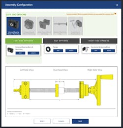 Examples of assembly level accessory configuration interfaces that allow users to select end supports, bearing blocks, motor mounts, reducers, limit switches and related options while the system updates drawings and configured dimensions in real time. Top: Lead screw assembly configuration interface. Bottom: Screw jack assembly configuration interface. Examples of assembly level accessory configuration interfaces that allow users to select end supports, bearing blocks, motor mounts, reducers, limit switches and related options while the system updates drawings and configured dimensions in real time. Top: Lead screw assembly configuration interface. Bottom: Screw jack assembly configuration interface.