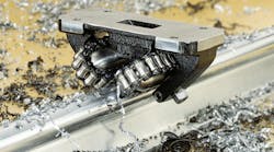 This Thomson linear bearing leverages concave rollers to move a sawlog at up to 20 times the load capacity of conventional linear ball bearings and reach speeds of 100 ft/sec. This Thomson linear bearing leverages concave rollers to move a sawlog at up to 20 times the load capacity of conventional linear ball bearings and reach speeds of 100 ft/sec.