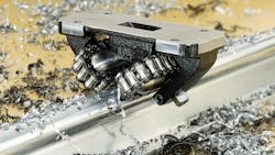 This Thomson linear bearing leverages concave rollers to move a sawlog at up to 20 times the load capacity of conventional linear ball bearings and reach speeds of 100 ft/sec. This Thomson linear bearing leverages concave rollers to move a sawlog at up to 20 times the load capacity of conventional linear ball bearings and reach speeds of 100 ft/sec.