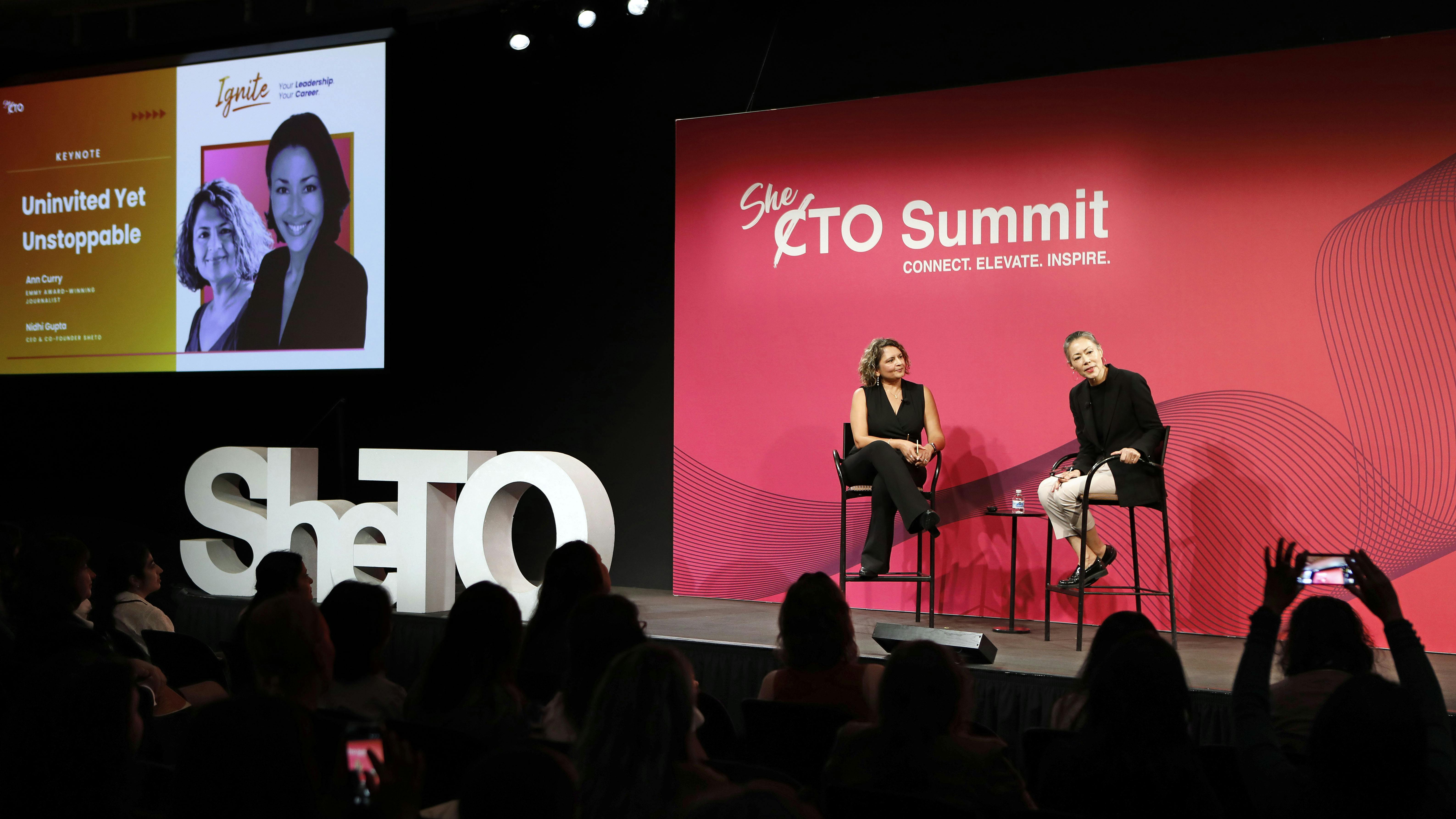 Nidhi Gupta, SheTO CEO and co-founder (left), shares the stage with famed journalist Ann Curry at the 2025 SheTO Ignite Summit in Mountain View, Calif., held Oct. 10.